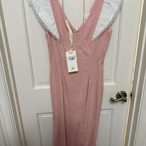 Sleeveless V-Neck Mini Dress in Soft Pink with Scalloped Lace Shoulders